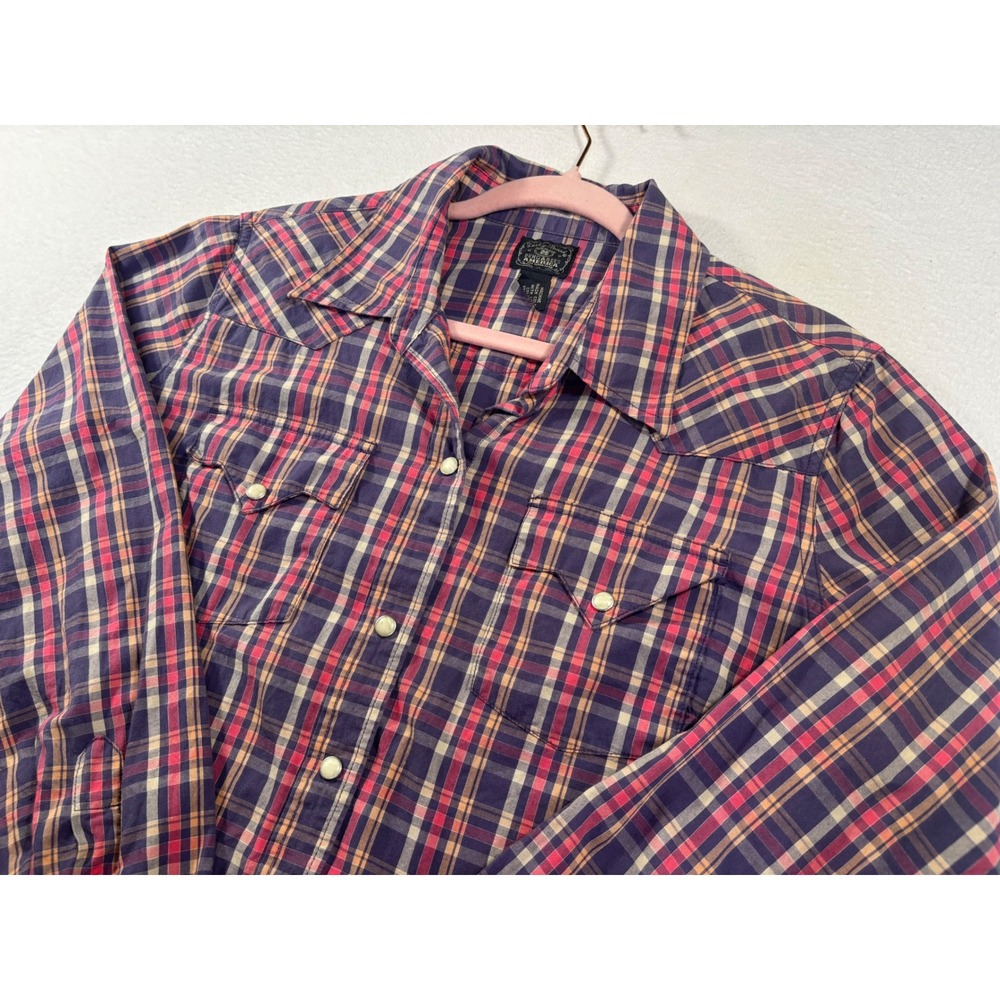 Lucky Brand Dungarees America Womens Large Purple Red Plaid Western Snap Shirt